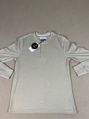 Thomas Sterling Henley Button Long Sleeve Shirt, Khaki. 4 Way Stretch Men's Sz S